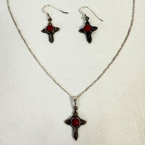 Sterling Silver Cross Set Earrings & Pendant Necklace Red Stone Southwest